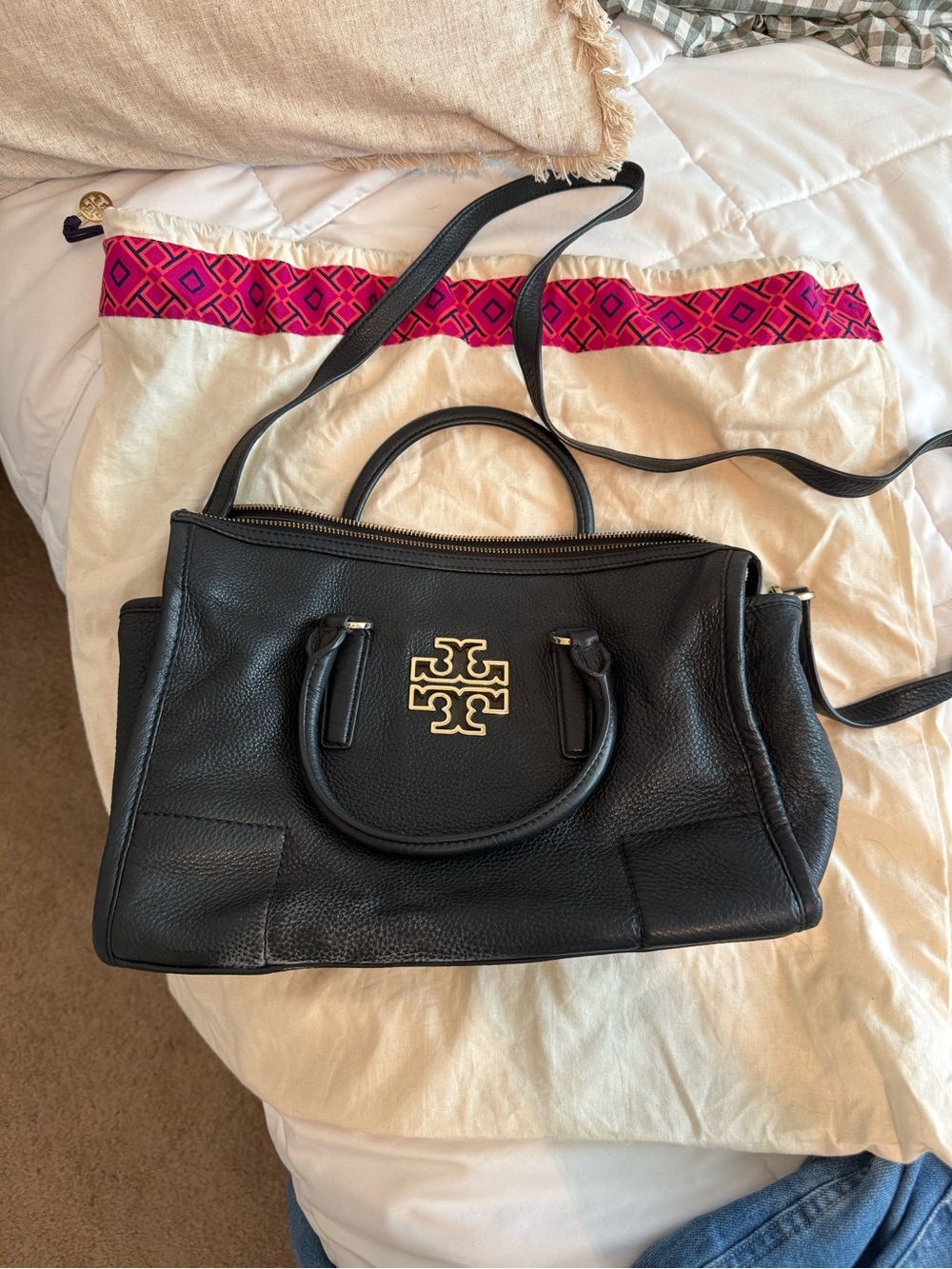 Tory Burch Black Pebbled Leather Satchel with Gold Logo Accent